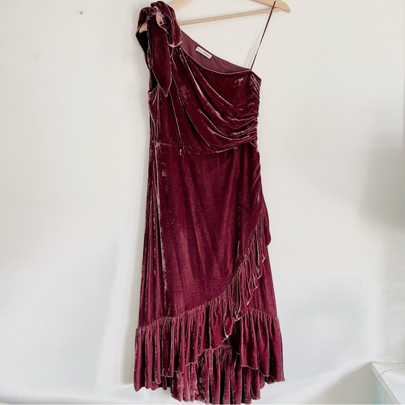 Ulla Johnson Elisa One Shoulder Bow Velvet Midi Dress Puce Dark Cherry Red Sz 4 - Picture 2 of 14
